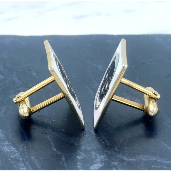 Vintage Swank Tribal Mask White Black Green Enamel Gold Bullet Back Cufflinks - Picture 4 of 9